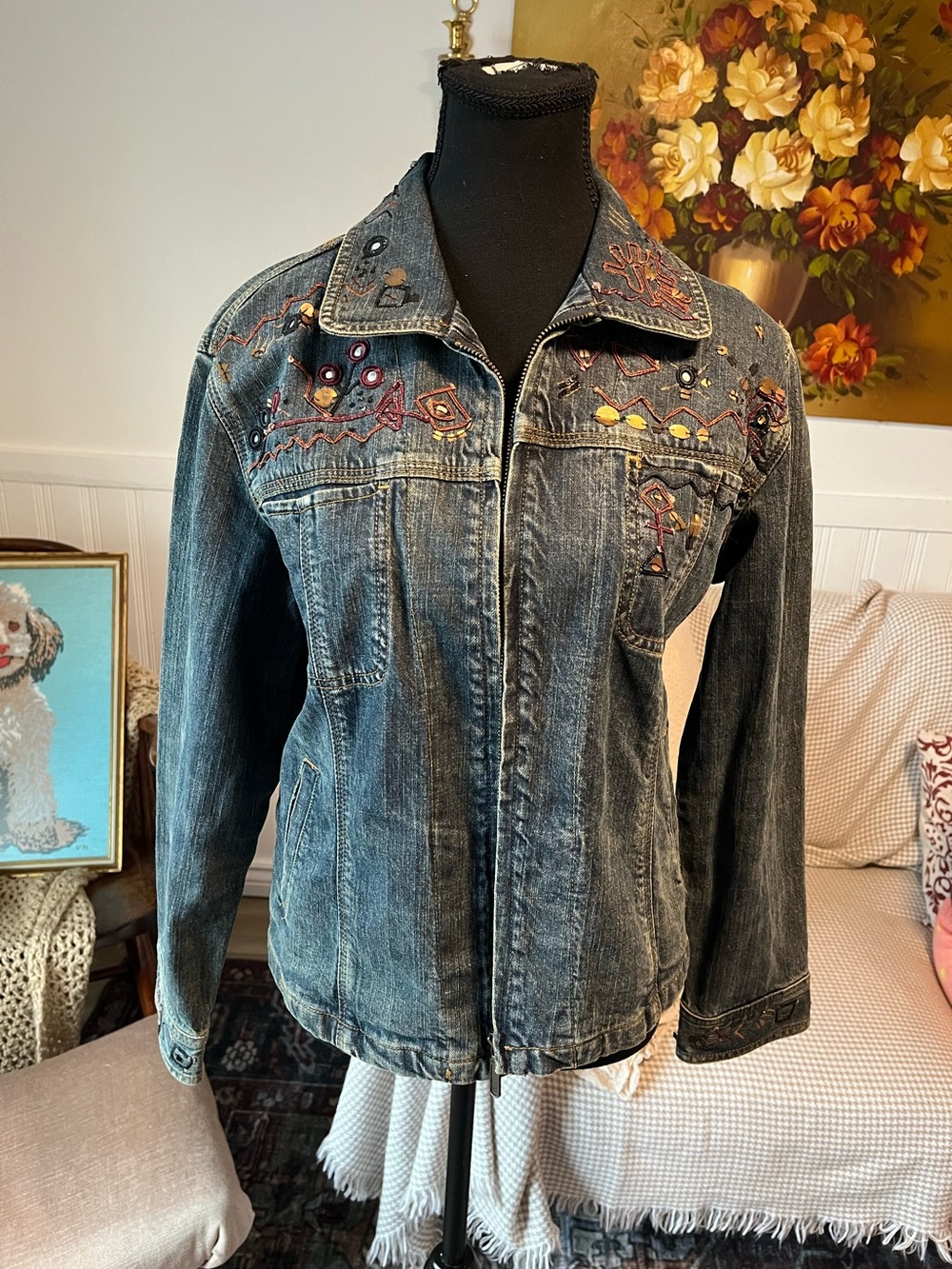 Chicos Embellished Dark Denim Y2K Vintage Jean Jacket M